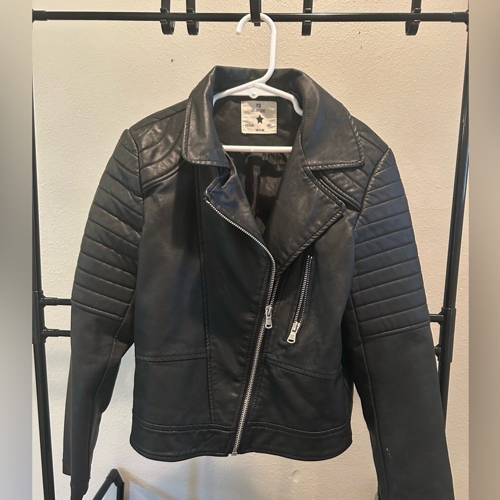 Black Faux Leather Jacket with Quilted Sleeves and Asymmetrical Zipper